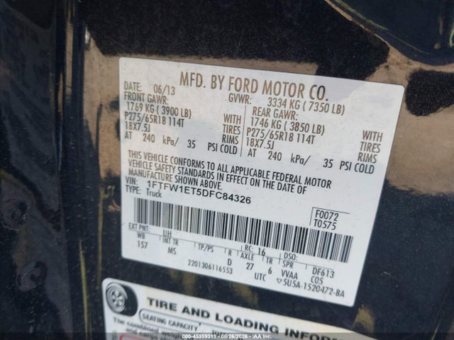 2013 Ford F-150 Xlt მანქანა იყიდება აუქციონზე, vin: 1FTFW1ET5DFC84326, აუქციონის ნომერი: 45959311
