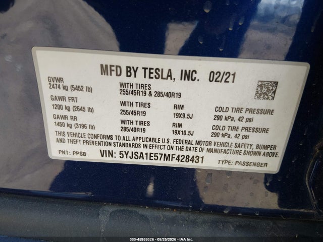 5YJSA1E57MF428431 Tesla Model S Long Range Dual Motor All-wheel Drive