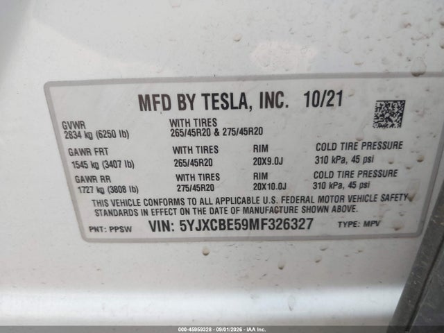 Aukcja sprzedaży 2021 Tesla Model X Long Range Dual Motor All-wheel Drive, vin: 5YJXCBE59MF326327, numer aukcji: 45959328
