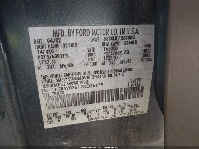 Aukcja sprzedaży 2002 Ford F-150 Lariat/xlt, vin: 1FTRW07612KD36179, numer aukcji: 45959358