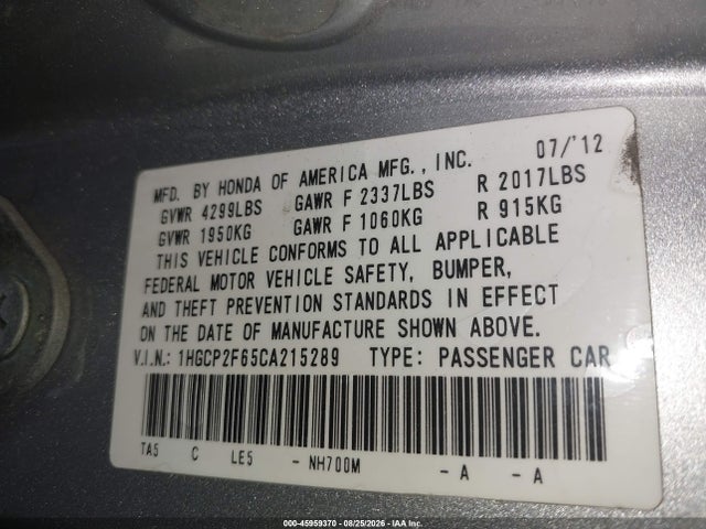 Продаж на аукціоні авто 2012 Honda Accord 2.4 Se, vin: 1HGCP2F65CA215289, номер лоту: 45959370
