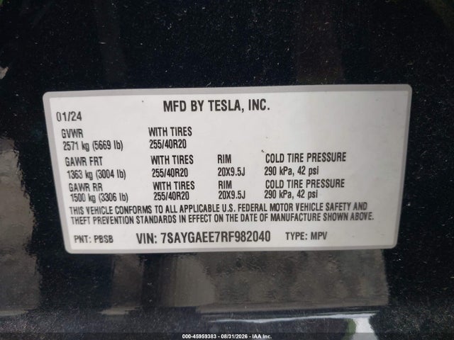 Продаж на аукціоні авто 2024 Tesla Model Y Long Range Dual Motor All-wheel Drive, vin: 7SAYGAEE7RF982040, номер лоту: 45959383