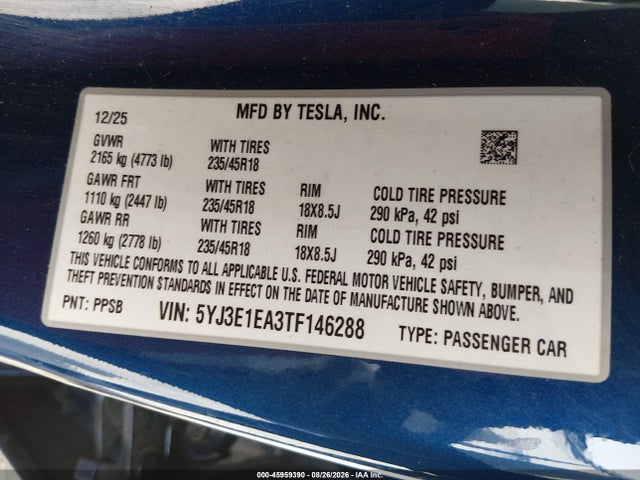 45959390 :رقم المزاد ، 5YJ3E1EA3TF146288 vin ، 2026 Tesla Model 3 Premium Rear-wheel Drive/rear-wheel Drive مزاد بيع
