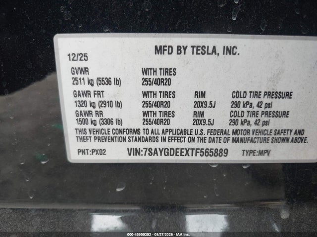 2026 Tesla Model Y მანქანა იყიდება აუქციონზე, vin: 7SAYGDEEXTF565889, აუქციონის ნომერი: 45959392