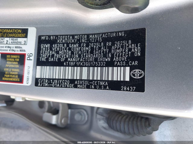 45959395 :رقم المزاد ، 4T1BF1FK3GU175332 vin ، 2016 Toyota Camry Le مزاد بيع