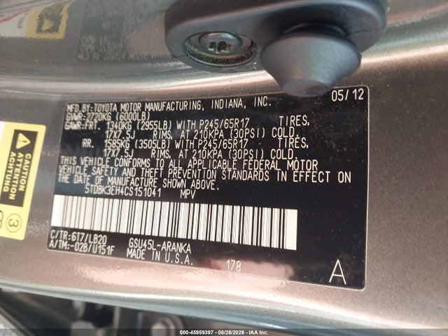 45959397 :رقم المزاد ، 5TDBK3EH4CS151041 vin ، 2012 Toyota Highlander Se V6 مزاد بيع