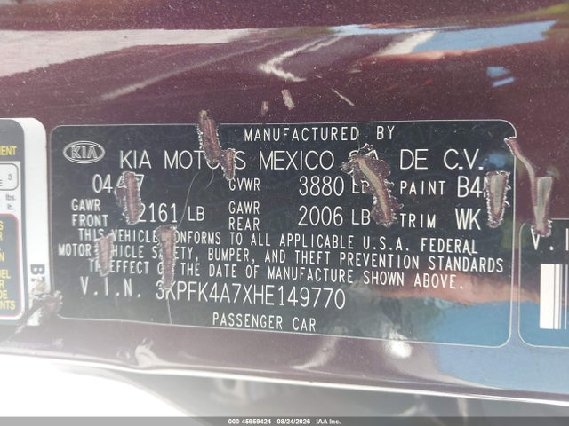 45959424 :رقم المزاد ، 3KPFK4A7XHE149770 vin ، 2017 Kia Forte Lx مزاد بيع