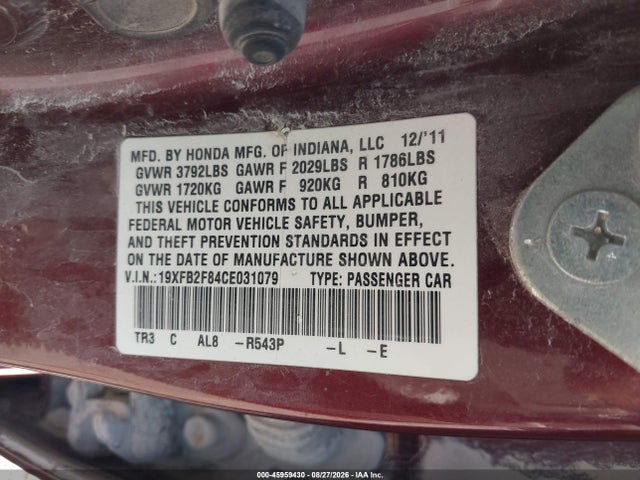 2012 Honda Civic Ex მანქანა იყიდება აუქციონზე, vin: 19XFB2F84CE031079, აუქციონის ნომერი: 45959430
