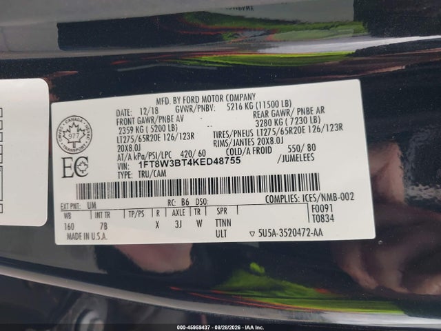 Auction sale of the 2019 Ford F-350 Platinum, vin: 1FT8W3BT4KED48755, lot number: 45959437