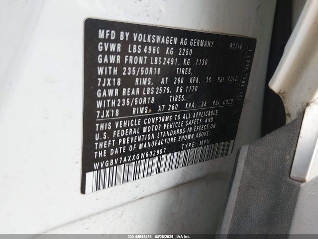 Продаж на аукціоні авто 2016 Volkswagen Tiguan Se, vin: WVGBV7AXXGW602907, номер лоту: 45959438