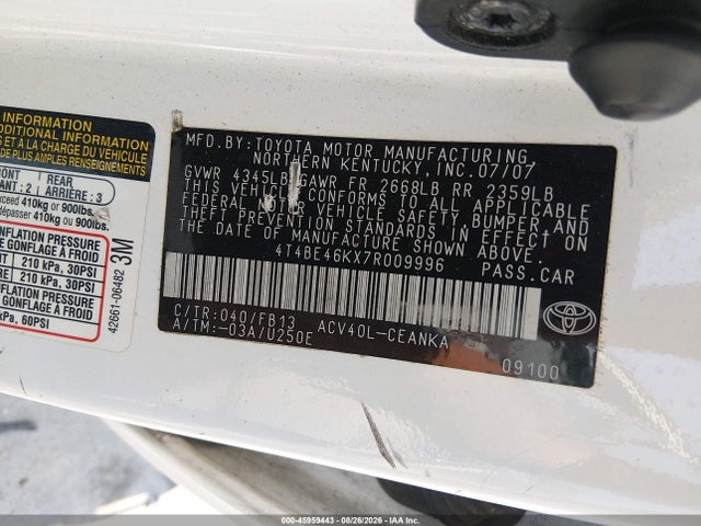 Продажа на аукционе авто 2007 Toyota Camry Le, vin: 4T4BE46KX7R009996, номер лота: 45959443