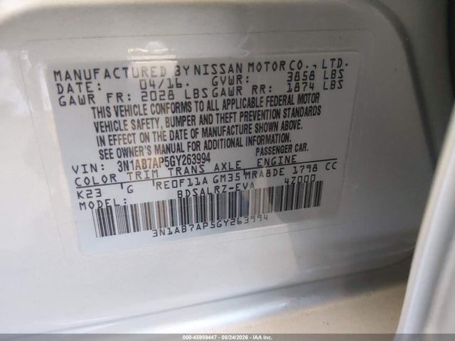 Продаж на аукціоні авто 2016 Nissan Sentra Sr, vin: 3N1AB7AP5GY263994, номер лоту: 45959447
