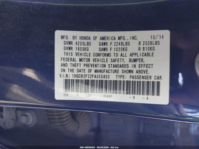 45959455 :رقم المزاد ، 1HGCR2F32FA055800 vin ، 2015 Honda Accord Lx مزاد بيع
