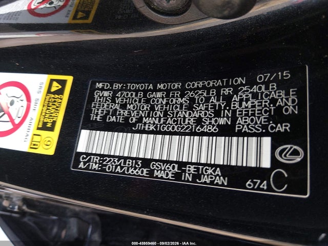 Aukcja sprzedaży 2016 Lexus Es 350, vin: JTHBK1GG0G2216486, numer aukcji: 45959460