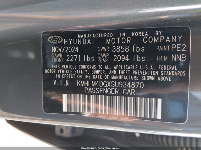 Aukcja sprzedaży 2025 Hyundai Elantra Sel Sport, vin: KMHLM4DGXSU934870, numer aukcji: 45959467