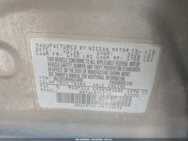 Nissan Versa 1.6 Sv 2017 3N1CN7AP6HK414698 Image 9