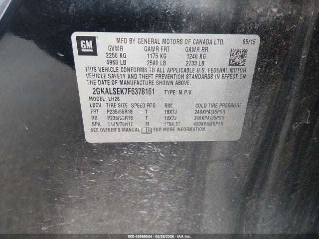 Aukcja sprzedaży 2015 Gmc Terrain Slt-1, vin: 2GKALSEK7F6378161, numer aukcji: 45959544