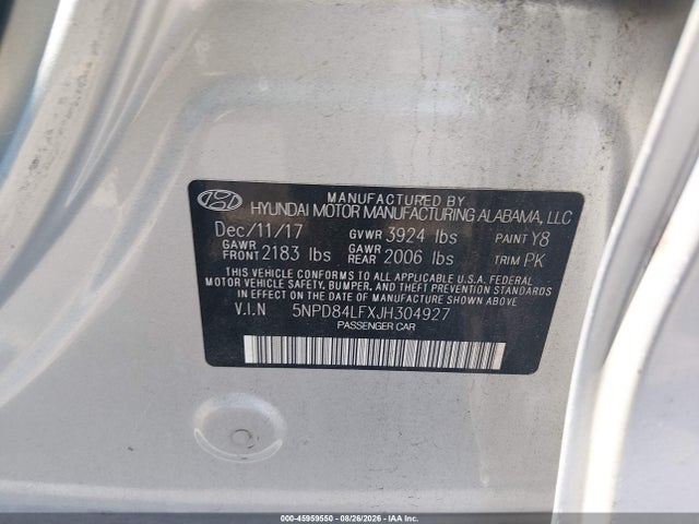 45959550 :رقم المزاد ، 5NPD84LFXJH304927 vin ، 2018 Hyundai Elantra Sel مزاد بيع