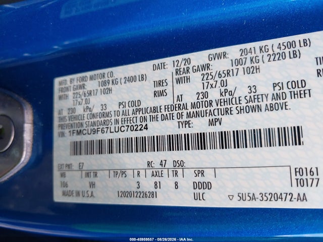 Продажа на аукционе авто 2020 Ford Escape S, vin: 1FMCU9F67LUC70224, номер лота: 45959557