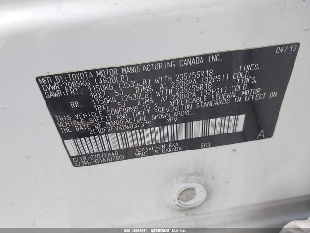 2013 Toyota Rav4 Limited მანქანა იყიდება აუქციონზე, vin: 2T3DFREV4DW037319, აუქციონის ნომერი: 45959571