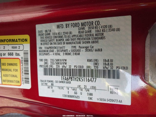 2019 Ford Mustang Ecoboost Premium მანქანა იყიდება აუქციონზე, vin: 1FA6P8TH2K5116477, აუქციონის ნომერი: 45959600