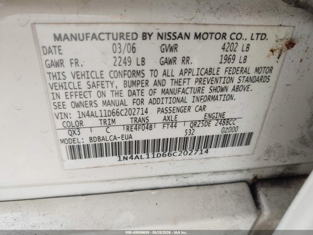 2006 Nissan Altima 2.5 S მანქანა იყიდება აუქციონზე, vin: 1N4AL11D66C202714, აუქციონის ნომერი: 45959609