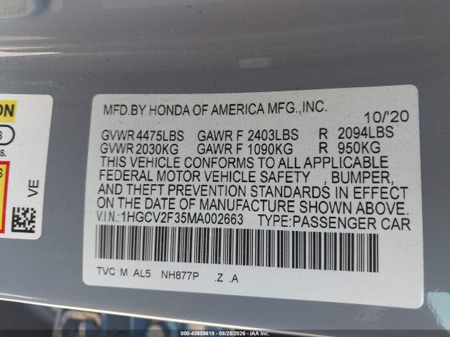 Продаж на аукціоні авто 2021 Honda Accord Sport 2.0t, vin: 1HGCV2F35MA002663, номер лоту: 45959618