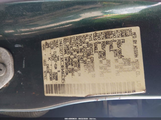 45959635 :رقم المزاد ، 1N6ED27T32C384635 vin ، 2002 Nissan Frontier Xe-v6 مزاد بيع