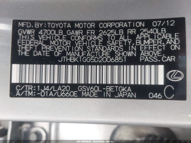 45959638 :رقم المزاد ، JTHBK1GG5D2006851 vin ، 2013 Lexus Es 350 مزاد بيع