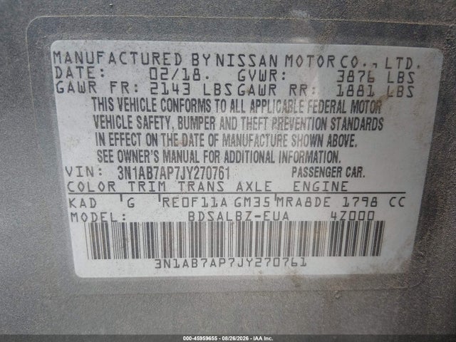 Продажа на аукционе авто 2018 Nissan Sentra S, vin: 3N1AB7AP7JY270761, номер лота: 45959655