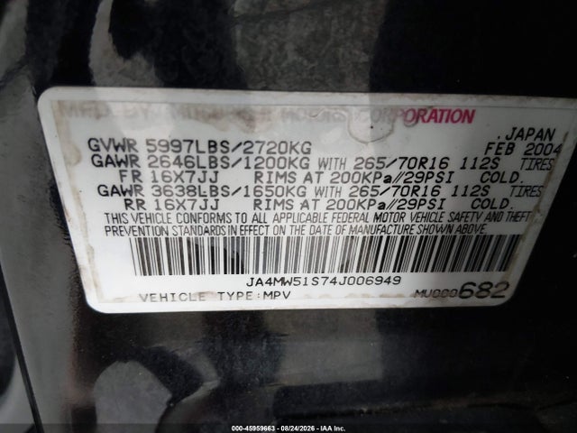 Aukcja sprzedaży 2004 Mitsubishi Montero Xls, vin: JA4MW51S74J006949, numer aukcji: 45959663