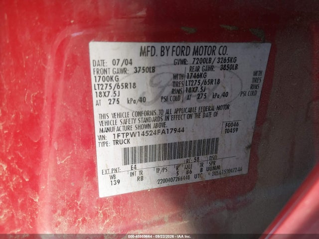 Продажа на аукционе авто 2004 Ford F-150 Fx4/lariat/xlt, vin: 1FTPW14524FA17944, номер лота: 45959664