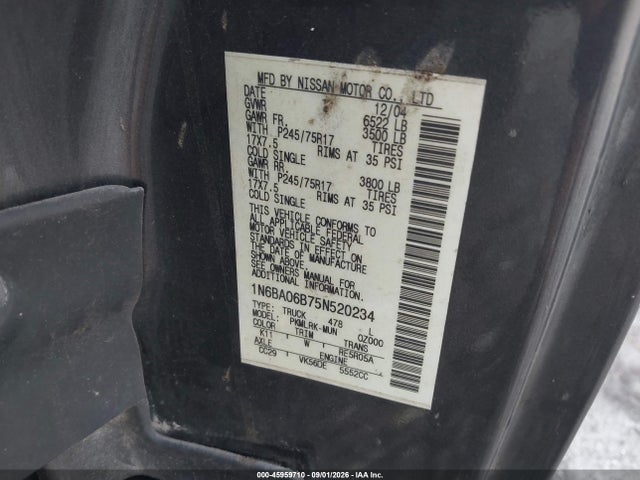 Продаж на аукціоні авто 2005 Nissan Titan Xe, vin: 1N6BA06B75N520234, номер лоту: 45959710