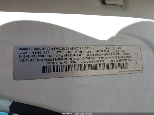 Aukcja sprzedaży 2011 Volkswagen Jetta 2.5l Sel, vin: 3VWGZ7AJ7BM328372, numer aukcji: 45959724