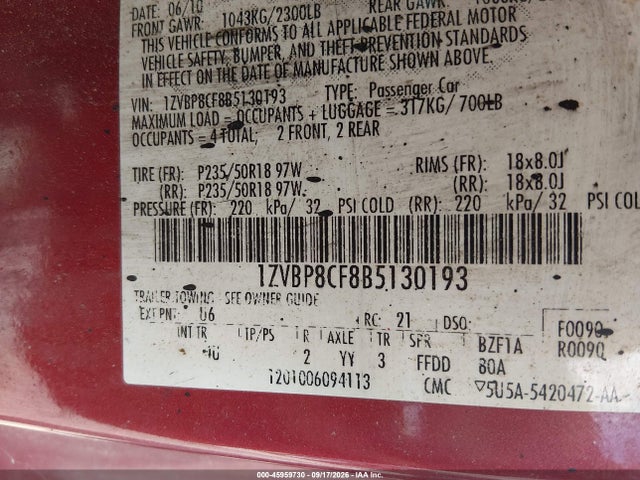 45959730 :رقم المزاد ، 1ZVBP8CF8B5130193 vin ، 2011 Ford Mustang Gt Premium مزاد بيع