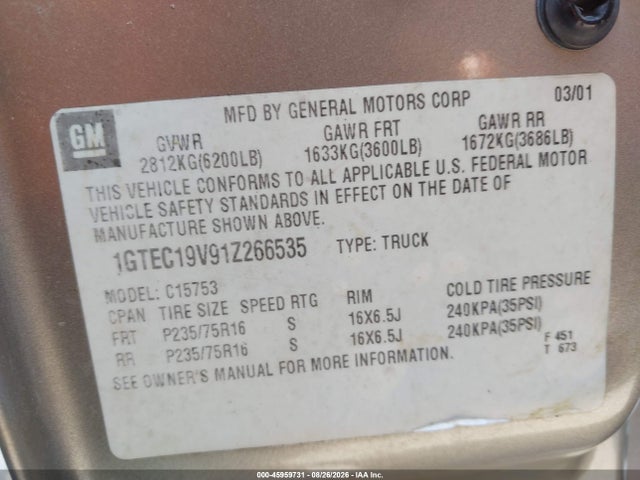 Продажа на аукционе авто 2001 Gmc Sierra 1500 Sl, vin: 1GTEC19V91Z266535, номер лота: 45959731