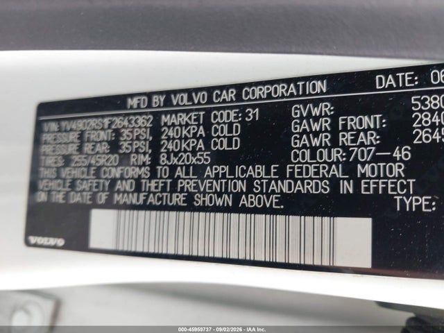 Aukcja sprzedaży 2015 Volvo Xc60 T6 R-design Platinum, vin: YV4902RS1F2643362, numer aukcji: 45959737