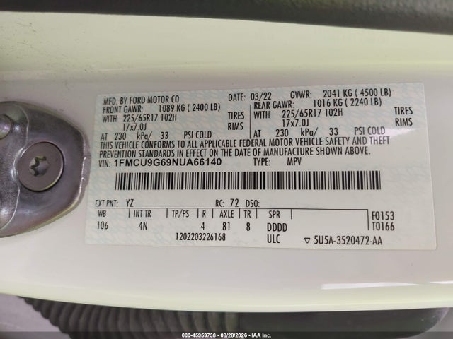 Ford ESCAPE SE 2022 1FMCU9G69NUA66140 Image 9