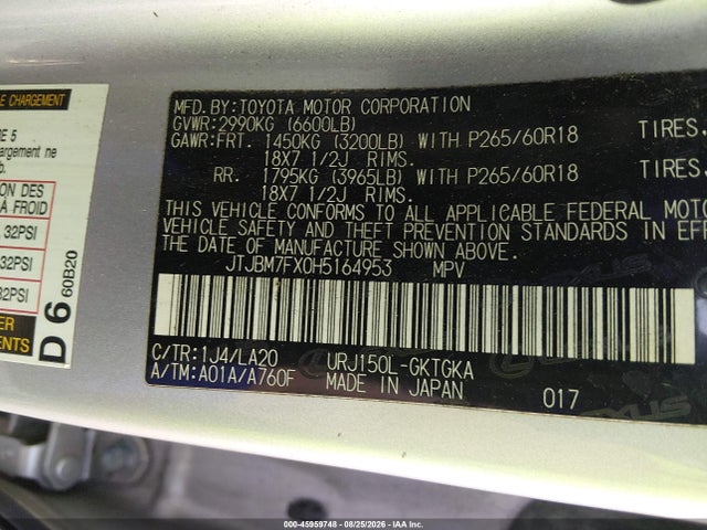 Aukcja sprzedaży 2017 Lexus Gx 460, vin: JTJBM7FX0H5164953, numer aukcji: 45959748
