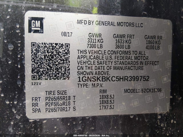 45959750 :رقم المزاد ، 1GNSKBKC5HR399752 vin ، 2017 Chevrolet Tahoe Lt مزاد بيع