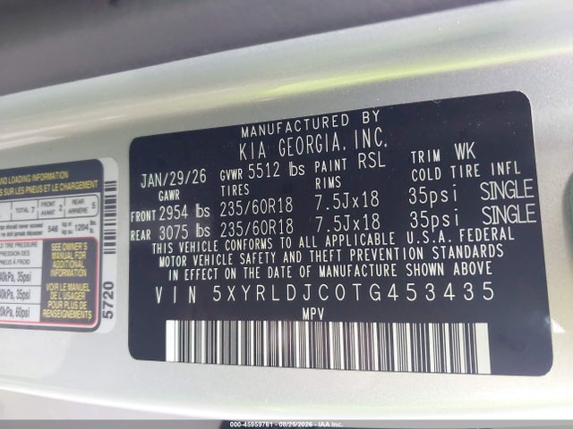 Aukcja sprzedaży 2026 Kia Sorento S, vin: 5XYRLDJC0TG453435, numer aukcji: 45959761