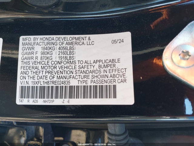 2024 Honda Civic Sport Touring მანქანა იყიდება აუქციონზე, vin: 19XFL1H87RE024835, აუქციონის ნომერი: 45959773