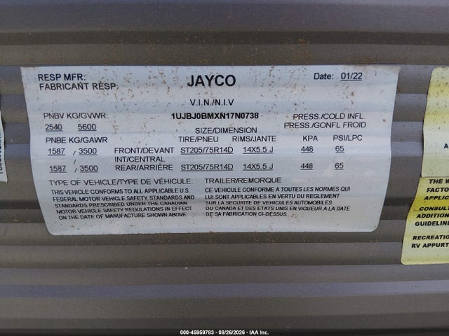 45959783 :رقم المزاد ، 1UJBJ0BMXN17N0738 vin ، 2022 Jayco Other مزاد بيع
