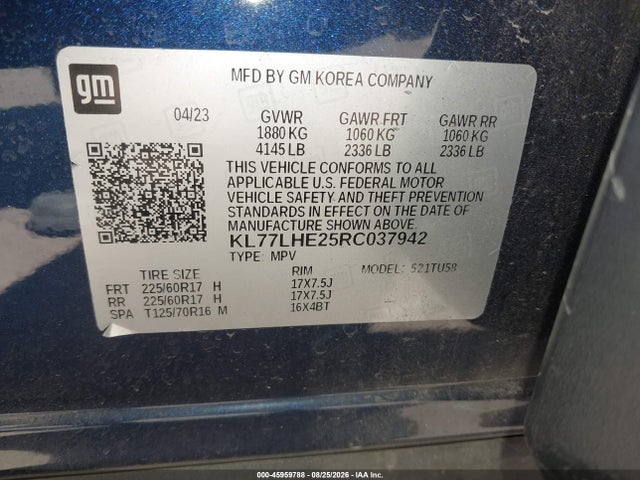 Aukcja sprzedaży 2024 Chevrolet Trax Fwd Lt, vin: KL77LHE25RC037942, numer aukcji: 45959788