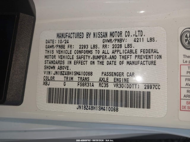 45959792 :رقم المزاد ، JN1BZ4BH1SM410068 vin ، 2025 Nissan Z Performance Manual Transmission مزاد بيع