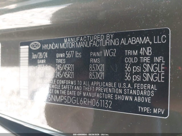 45959804 :رقم المزاد ، 5NMP5DGL6RH061132 vin ، 2024 Hyundai Santa Fe Calligraphy مزاد بيع
