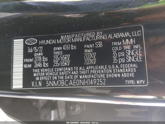 Aukcja sprzedaży 2022 Hyundai Tucson Sel, vin: 5NMJBCAE0NH149252, numer aukcji: 45959809