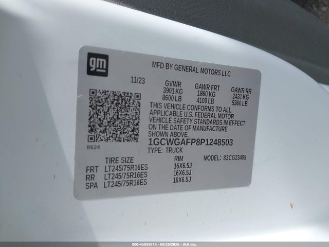 Продажа на аукционе авто 2023 Chevrolet Express Cargo Rwd 2500 Regular Wheelbase Wt, vin: 1GCWGAFP8P1248503, номер лота: 45959814
