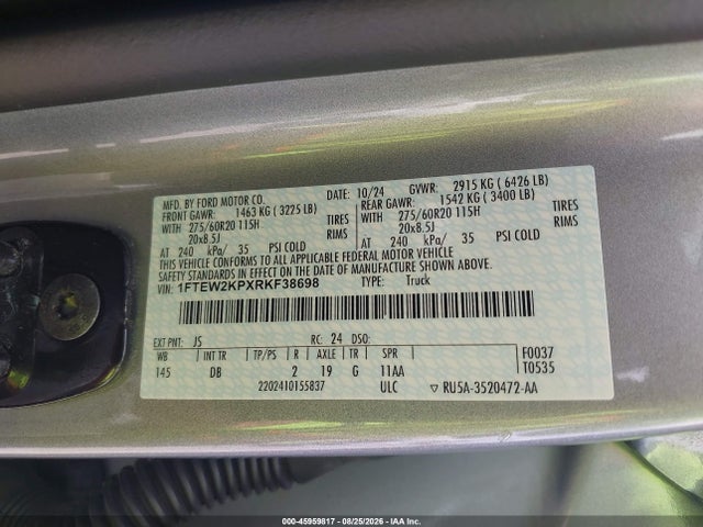 45959817 :رقم المزاد ، 1FTEW2KPXRKF38698 vin ، 2024 Ford F-150 Stx مزاد بيع