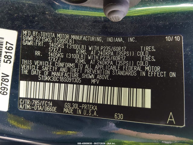 Aukcja sprzedaży 2011 Toyota Sienna Le V6, vin: 5TDKK3DC1BS091305, numer aukcji: 45959830